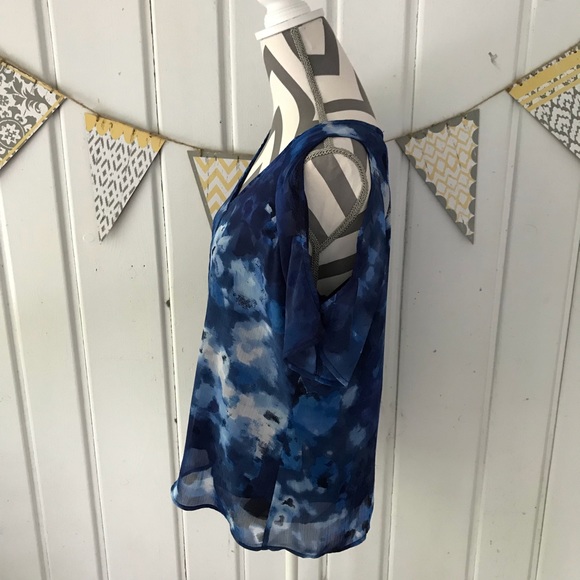 Milano Blue Watercolor Chiffon Cold Shoulder Top - Picture 2 of 8